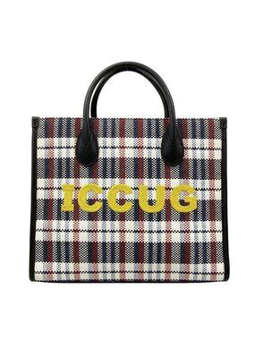 Gucci Tote Small White Black Multi Embroidery Checked Pattern Cotton Leather